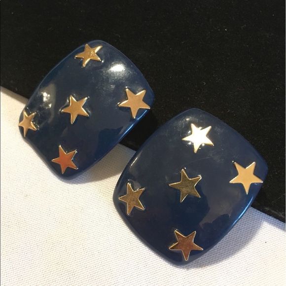 Vintage Navy Blue Earrings With Gold Stars - Picture 3 of 4